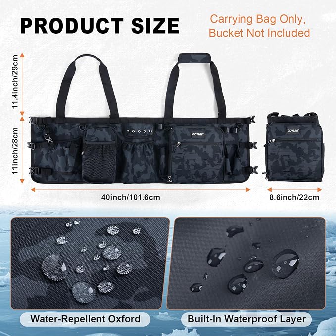 Goture Fishing Bucket Organizer for 5 Gallon Bucket, Heavy-Duty Waterproof Tackle Bag with 15+ Pockets, Ice Auger Holster & Secure Lock Straps for Ice Fishing Gear (Black, No Bucket)
