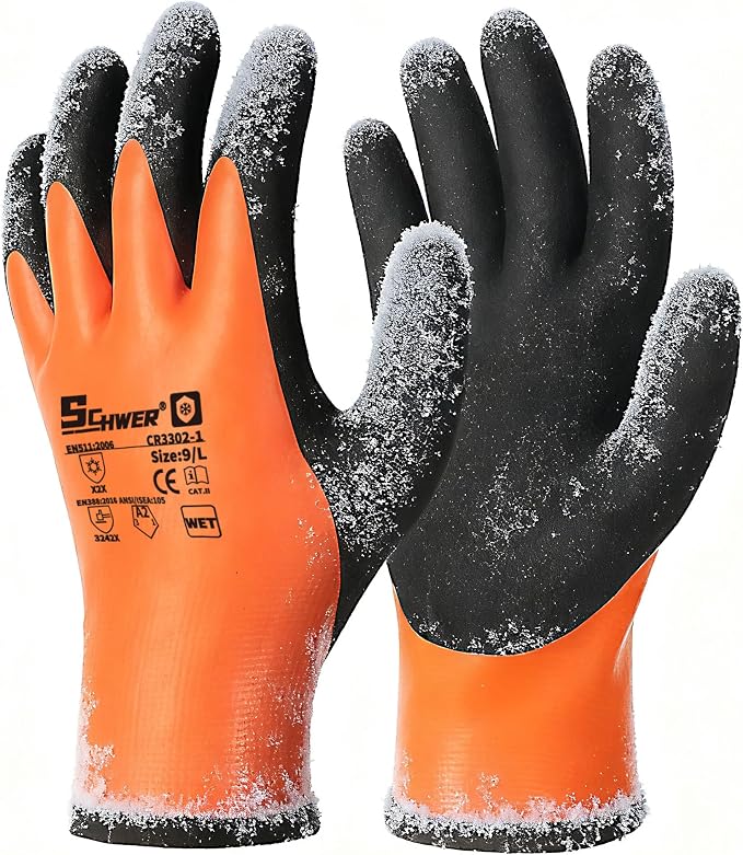 Schwer 100% Waterproof Winter Work Gloves, ANSI A2 Cut Resistant Freezer Gloves for Outdoor Cold Weather Keep Hands Warm, Thermal Insulated Gloves for Shoveling Snow, Ice Fishing, Super Grip, L