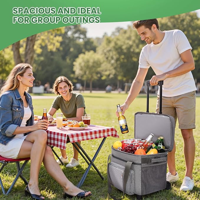 MIYCOO Cooler Bag with Wheels Double Deck - 60 Can Leakproof Insulated Portable Soft Lunch Cooler, Extra Large Expandable Ice Chest Cooler for Beach, Picnic, Camping, Shopping(Gray)