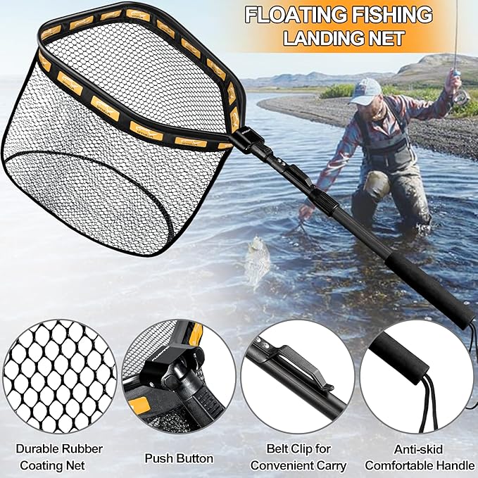 PLUSINNO Floating Fishing Net for Steelhead, Salmon, Fly, Kayak, Catfish, Bass, Trout Fishing, Rubber Coated Foldable Landing Net with Fixed or Telescoping Pole Handle, Fishing Gear and Gifts for Men