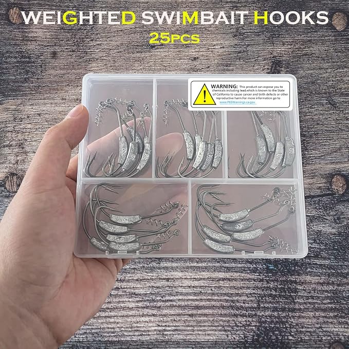 25 Pack Weighted Swimbait Hooks, Jig Heads with Twist Lock, Soft Plastic Worm Fishing Hooks 1/0 2/0 3/0 4/0 5/0