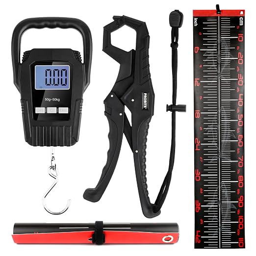 Fishing Tool Kit with Fish Gripper, Portable Fish Scale, Stainless Steel Soap & Measuring Ruler – Saltwater Resistant Tackle Accessories for Freshwater and Saltwater Anglers (Black)