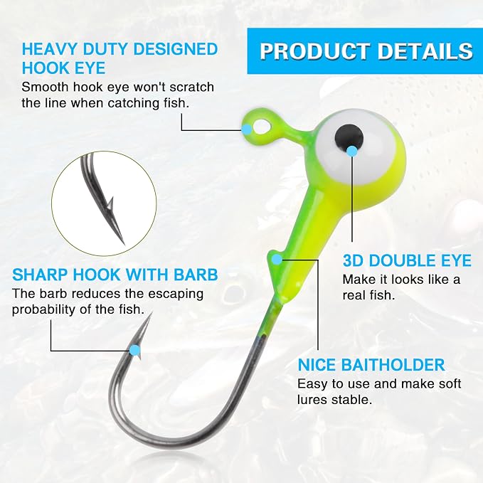 AGOOL Fishing Jig Heads Hooks Kit, 35/60pcs Round Ball Jig Heads Fishing Lures Crappie Jig Heads for Soft Plastic Baits Bass Trout Soft Worm Shrimp Lures Freshwater Saltwater