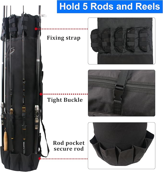 Fishing Rod Carrier Pole Bag Rod Case Large Storage Reel Bag Travel Carrier Organizer Holds 5 Reels Waterproof Fishing Gear Equipment Tackle Gifts for Men (Black)