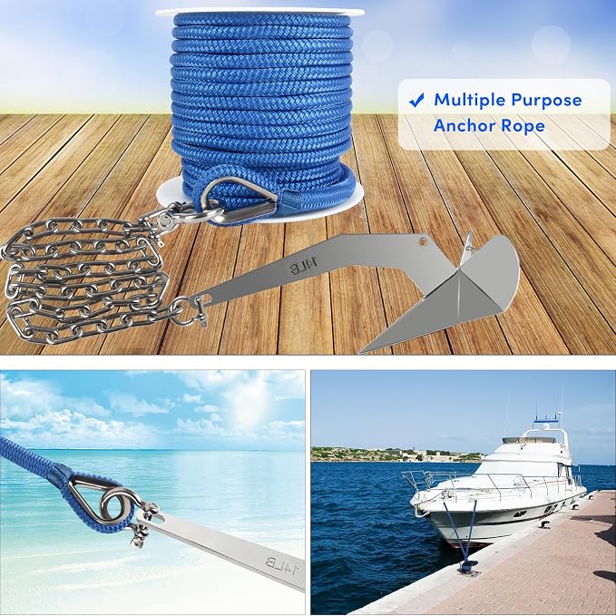 Boat Anchor Rope 100 ft x 1/2 inch Sky Blue,Double Braided Anchor Line with Stainless Steel Thimble & Shackle, Marine Rope Ideal for Towing,Mooring,Decks,Anchoring,for Boats Up to 35'