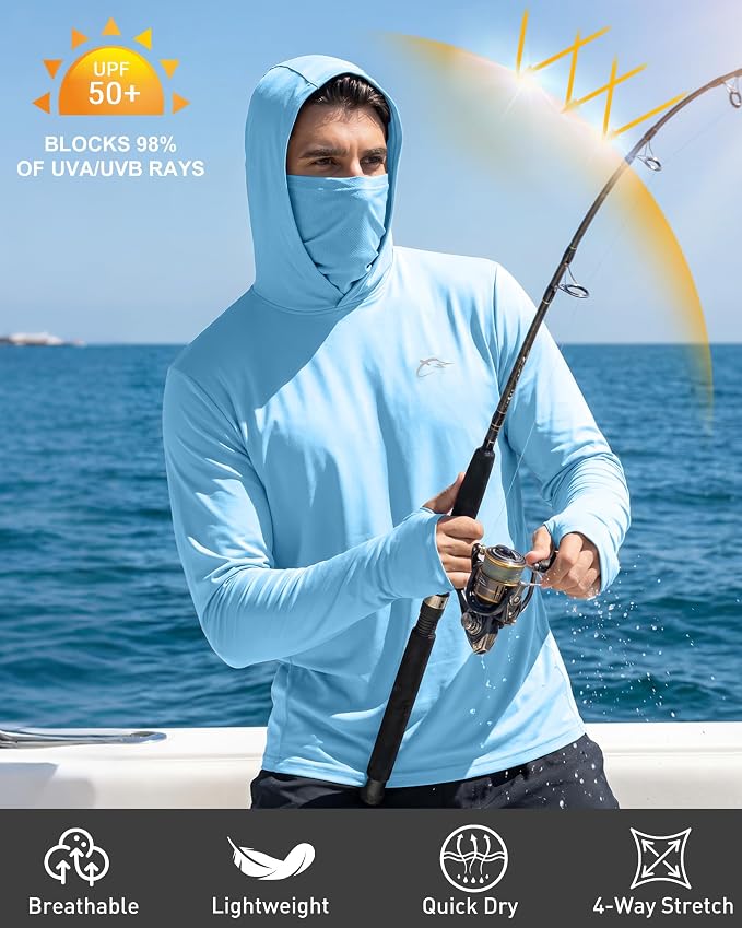 FISHEAL Men's Performance Fishing Hoodie Shirt - UPF 50+ Sun Protection Long Sleeve Thumbholes Shirts with Neck Gaiter