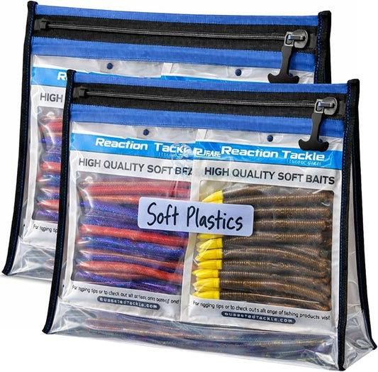 Reaction Tackle Waterproof Clear Tackle Bags, Dive Rated Zipper Submersion Proof Storage for Soft Plastics and Lures, Gusseted and Flat for Boats and Kayaks (2-Pack)