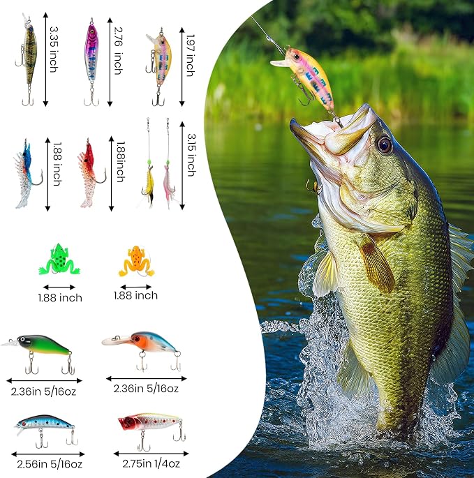 24-Piece Fishing Lure Kit Tackle Box Set - Premium Bass Lures Variety Pack with Poppers, Minnows, Frogs & Soft Baits - Freshwater Saltwater Gift for Men Dad Husband