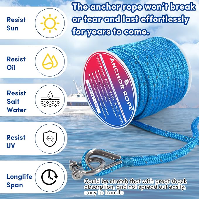 Anchor Rope 150 ft x 1/2 inch Blue, Double Braided Anchor Line with Stainless Steel Thimble & Shackle, Boat Rope with Reflective Strip Ideal for Towing,Mooring,Anchoring,for Boats Up to 35'