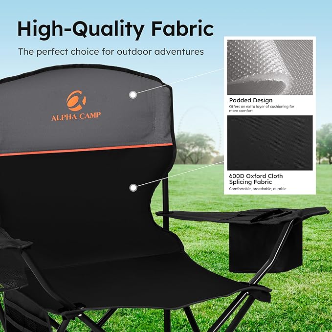 ALPHA CAMP 2-Pack Camping Chair with Cooler Bag, Heavy Duty 250lbs Capacity Folding Chair with Lumbar Support & Side Pocket, Portable Quad Chairs for Beach Fishing Tailgating & Sideline Sport