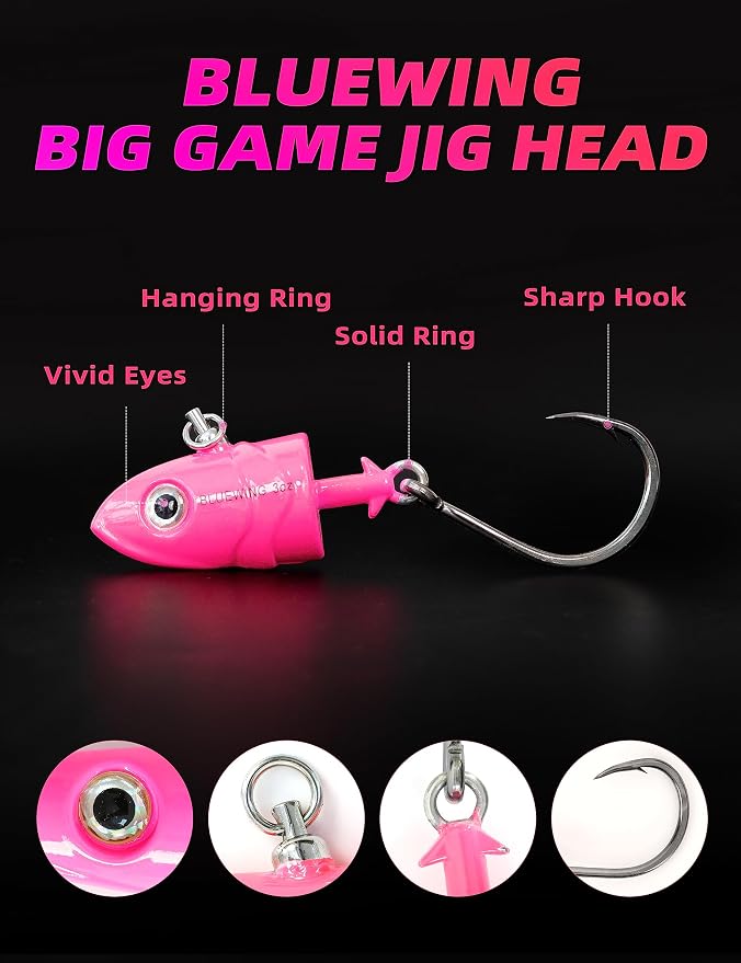 BLUEWING Jig Heads Saltwater 2oz,3oz,4oz,5oz,6oz,7oz Swimming Jigheads 1pc with High Carbon Steel Swing Hook and 6in/9in Replacement Tail Big Game Fishing Lures