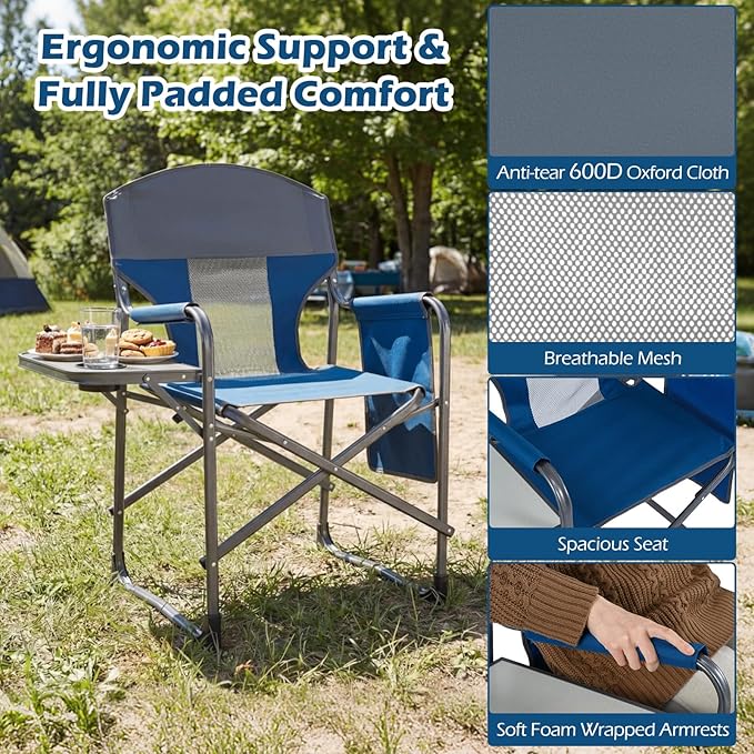COSTWAY Oversized Folding Camping Chair with Padded Seat, Side Table, Cup Holder & Storage Pocket, Heavy-Duty Portable Director's Chair for Beach, Fishing, Picnic & Sports, Supports 400 lbs (Navy,1)