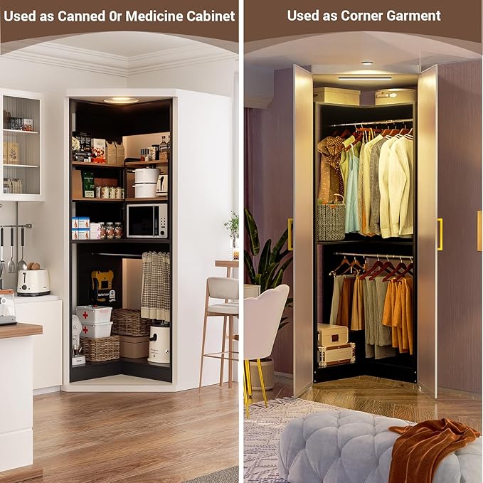 Armocity Corner Closet System, 32 Inches Wide Wood Corner Unit with 2 Hanging Rods and All Hardware Kits, 3-Tier 80'' Height Corner Wood Closet Tower, Black