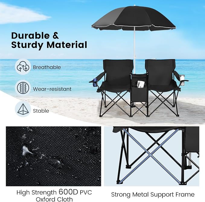 Tangkula Double Camping Chairs with Umbrella, Portable 2 Seat Folding Camp Chair with Cooler Bag, Beverage Holder, Carrying Bag, Foldable Lawn Chair for Outside, Fishing, Picnic, Beach