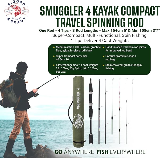 Rigged and Ready Smuggler Series™ Travel Fishing Rods. Super Compact, 1 Spinning Rod and Reel Combo, 4 Spin, 1 Casting Rod + Cases. 2, 3 or 4 Tips. Spin and General Freshwater - Saltwater Fishing