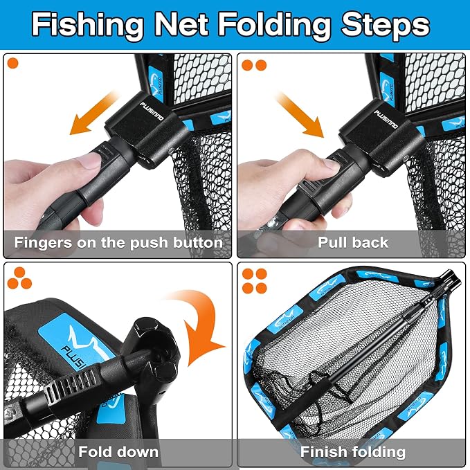 PLUSINNO Floating Fishing Net for Steelhead, Salmon, Fly, Kayak, Catfish, Bass, Trout Fishing, Rubber Coated Foldable Landing Net with Fixed or Telescoping Pole Handle, Fishing Gear and Gifts for Men