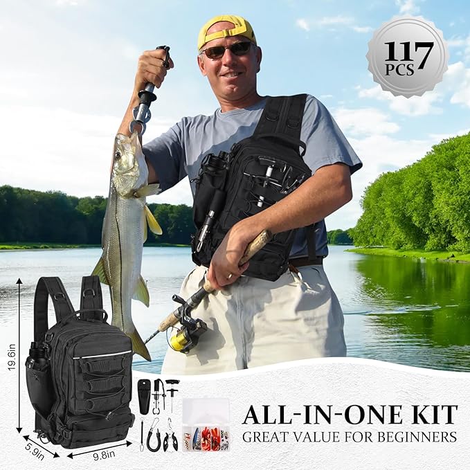 117Pcs Fishing Backpack with Tackle Boxes, Waterproof Fishing Tool Kit with Pliers, Fish Hook Remover, Lip Gripper Ideal Gift for Boys, Grandsons, Husband