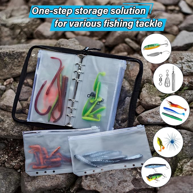 THKFISH Fishing Bait Binder, Clear Soft Plastic Bait Bags with 15pcs Thickened Ziplock Bag Storage for Hooks, Sinkers & Fishing Accessories