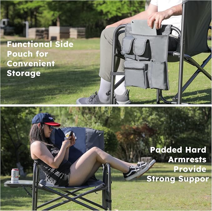 Colegence Oversized Directors Camping Chair Set of 2 Support 600 LBS, Heavy Duty Folding Outdoor Chairs with Detachable Side Pocket and Adjustable Side Table for Outside Beach,Lawn,Fishing (Blue)