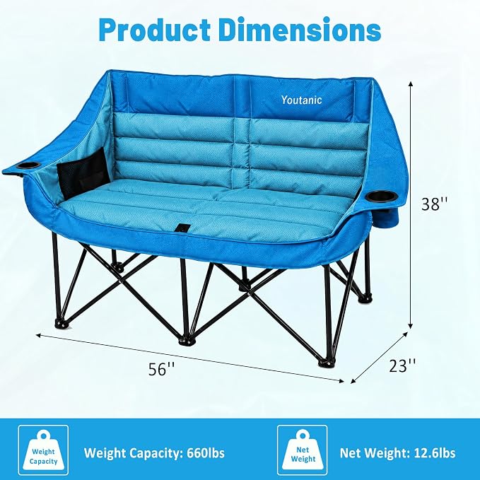 Youtanic Oversized Double Camping Chair, Folding Loveseat Camping Couch with Pocket, Cup Holder and Carry Bag, Heavy Duty Portable Camping Chairs for Adults, Fishing, Sports, Trip, up to 660lbs, Blue