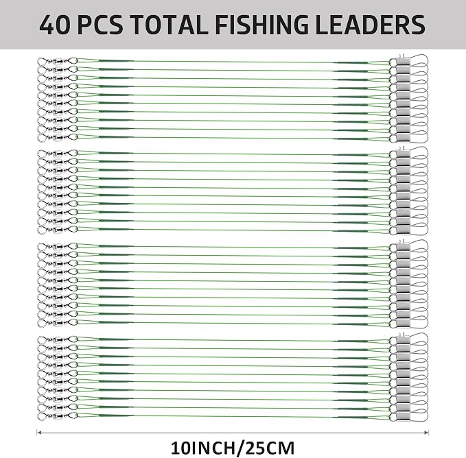 40Pcs Anti-Bite Wire Leaders – Multi-Strand Stainless Steel Fishing Leader Line with Swivel Snap for Lures Bait Rigs Hooks Pike Bass 8in 10in 12in