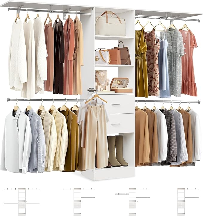 5-8FT Walk-in Closet Organizer System with 2 Wood Drawers, 4 Adjustable Hanging Rods, Wardrobe Storage Organizer with Valet Rod Duty Freestanding Garment Rack for Bedroom, Laundry, White