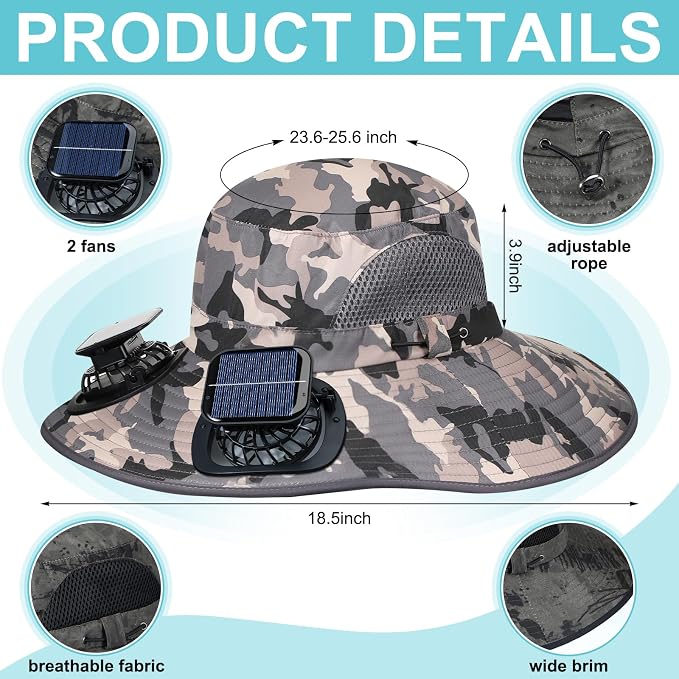 Glitopper 2 Set Wide Brim Solar Fan Hats with 2 Solar Fan and Arm Sleeves Set Outdoor Fishing Bucket Hat for Men Women Hiking