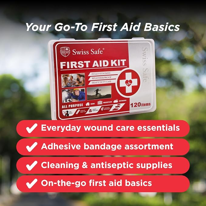 Swiss Safe Mini First Aid Kit – 120 Pcs Compact Hard Shell Medical Kit for Home, Car, Travel, Camping, Hiking, Sports, Office & Outdoor Emergencies, Small Hardcase FAK