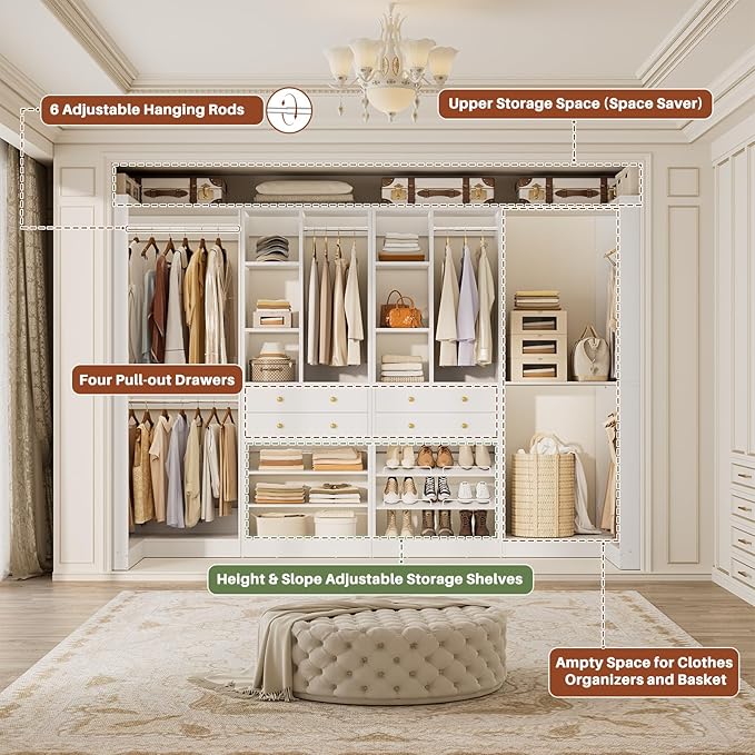 Closet System with 4 Drawers & Corner Tower, Closet Organizer System with 4 Hanging Robs, Reversible U Shaped Walk-in Closet System, Load 2600+LBS Capacity, Set of 4, Greige Oak