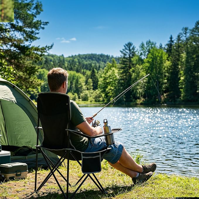 Romswi Lightweight 2Pcs Camping Chairs for Adults 400LBS Capacity, Folding Lawn Chair with 4-Can Cooler Bag, Cup Holder,Collapsible Portable Outdoor Chair for Tailgating, Beach, Fishing,Black