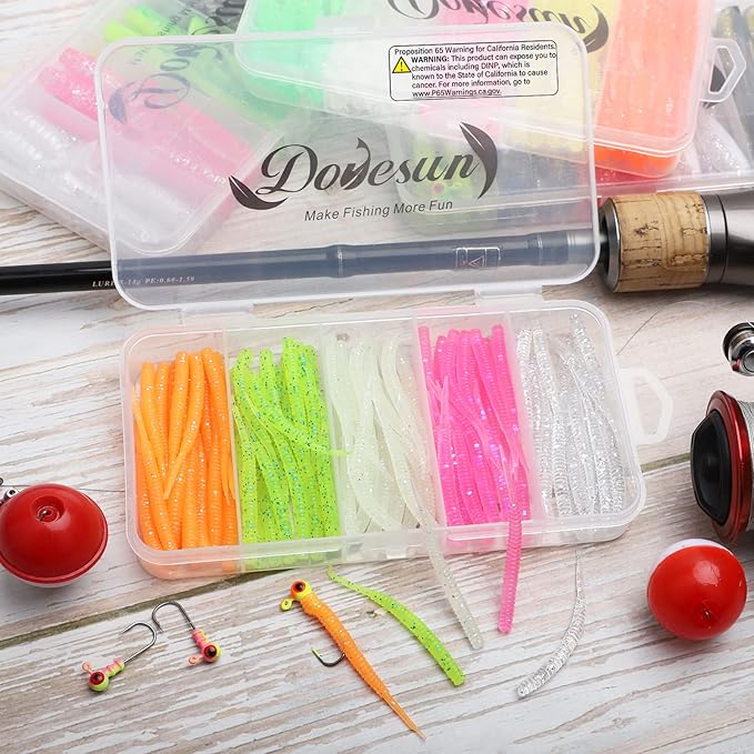 Dovesun Crappie Lures Kit Fishing Soft Plastic Lures Crappie Walleye Trout Bass Fishing Baits Fishing Grub Worms Minnow Paddle-Tail Split-Tail Grub Swimbaits 50-100Pcs with Tackle Box
