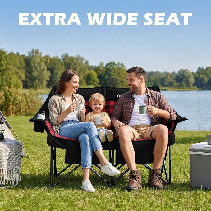 Youtanic Double Camping Chair, Heavy Duty 650lbs Padded Loveseat for Adults, Folding 2 Person Camp Couch with Cup Holder & Carry Bag, Wide Plaid Portable Lawn Seat for Outdoor Beach Sports, Red-Black