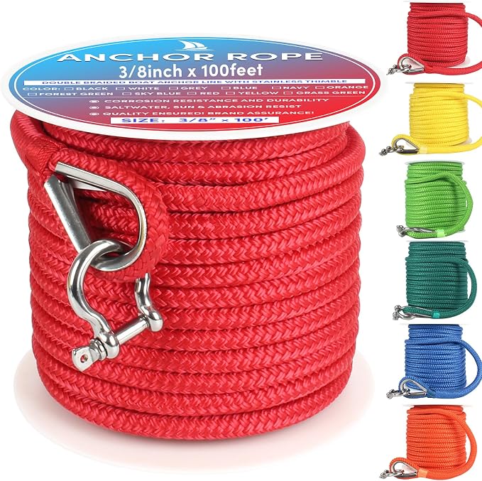 Boat Anchor Rope 100 ft x 3/8 inch Red, Double Braided Anchor Line with Stainless Steel Thimble & Shackle, Marine Rope Ideal for Towing,Mooring,Decks,Anchoring,for Boats Up to 27'