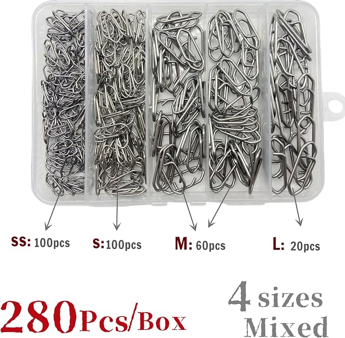 280Pcs/Box Stainless Steel Fishing Power Speed Clips (SS:100Pcs,S:100Pcs,M:60Pcs,L:20Pcs) High Strength Fishing Connector Swivels Snaps for Quick Change Lure Tackle Saltwater Freshwater