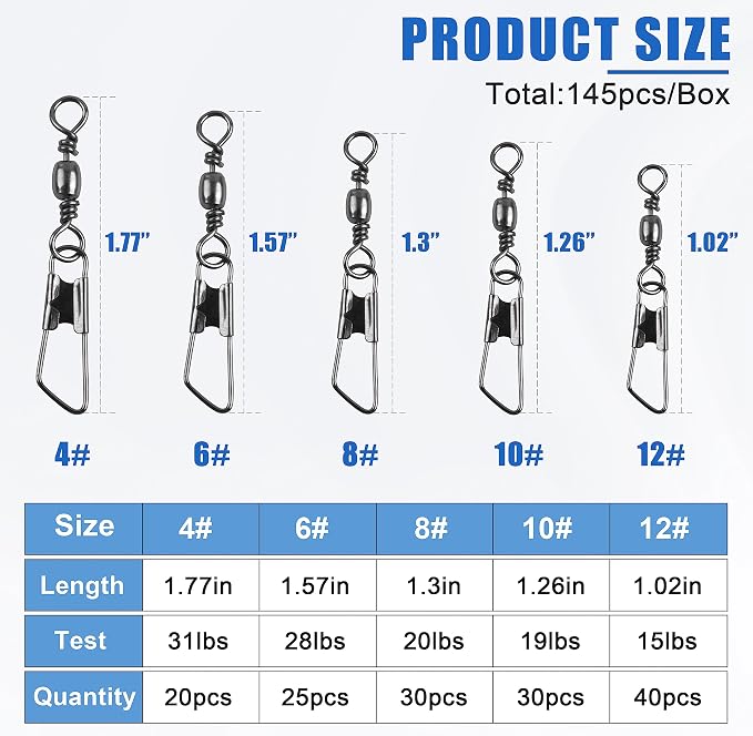SILANON Fishing Barrel Swivel with Safety Snap,145/160pcs High Strength Fishing Snap Swivels Stainless Steel Line Connector Saltwater Fishing Tackle Accessories