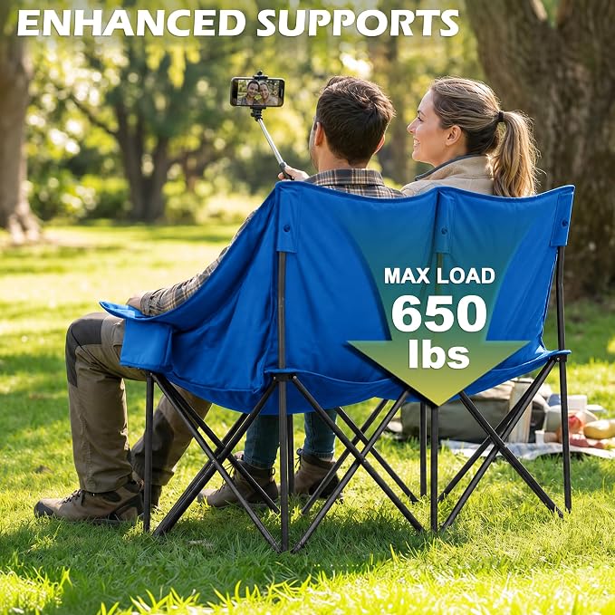Youtanic Double Camping Chair, Heavy Duty 650lbs Padded Loveseat for Adults, Folding 2 Person Camp Couch with Cup Holder & Carry Bag, Wide Plaid Portable Lawn Seat for Outdoor Beach Sports, Blue
