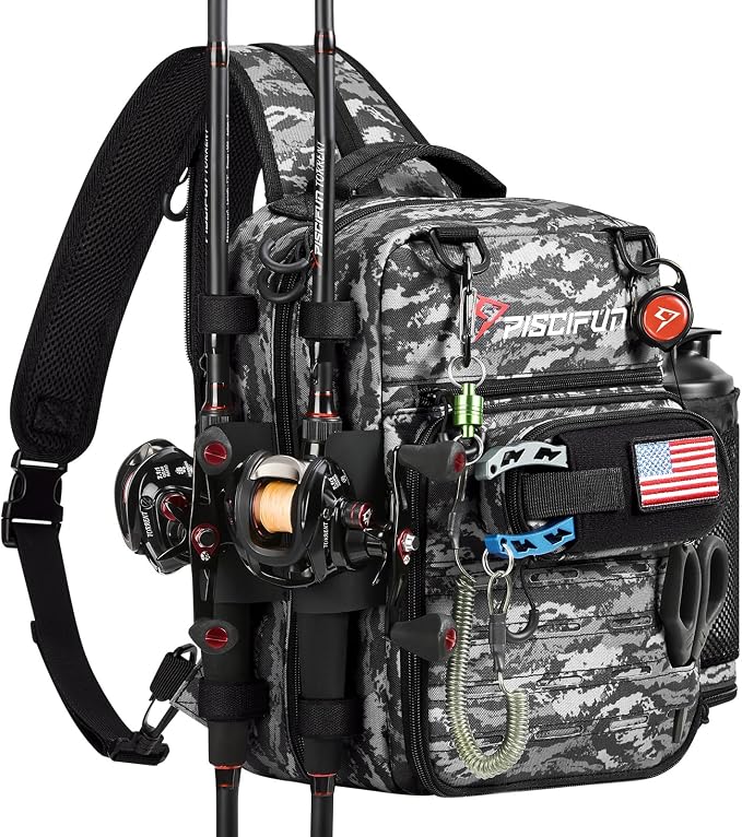 Piscifun Fishing Tackle Backpack, Convertible Sling or Waist Pack, 16-Pocket Storage Gear Bag with 2 Rod Holders & Rain Cover
