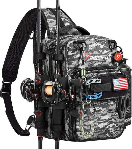 Piscifun Fishing Tackle Backpack, Convertible Sling or Waist Pack, 16-Pocket Storage Gear Bag with 2 Rod Holders & Rain Cover