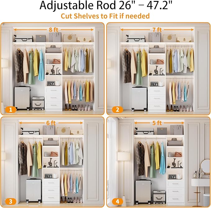 Closet System with Drawers, 5FT-8FT Closet Organizer System 96" Walk in Wood Closet Storage System with Shelves Hanging Rods Corner Wall Mount, White