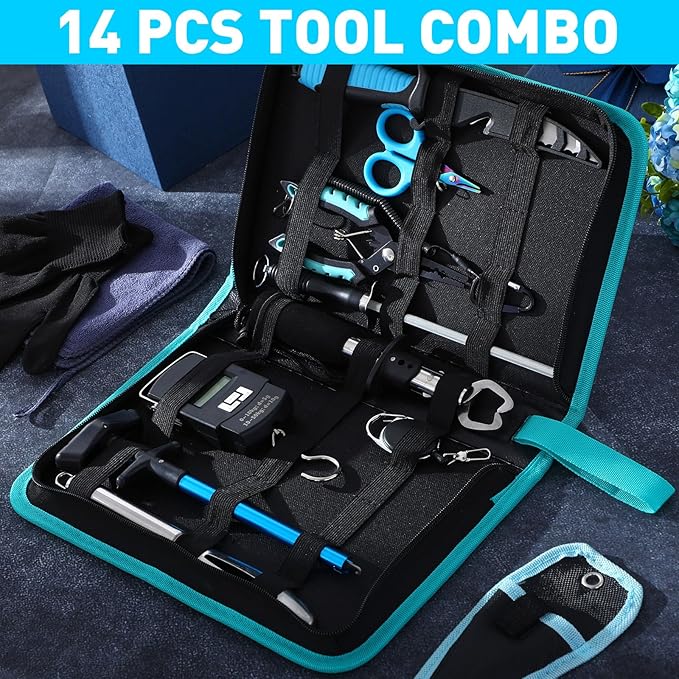 RoundFunny 14 Pcs Fishing Tool Kit, Fillet Knife, Fishing Pliers with Lanyard, Digital Scale, Lip Gripper, Hook Remover Fish Scaler Braid Scissors Gloves Sharpening Rod Retractor Towel Bag