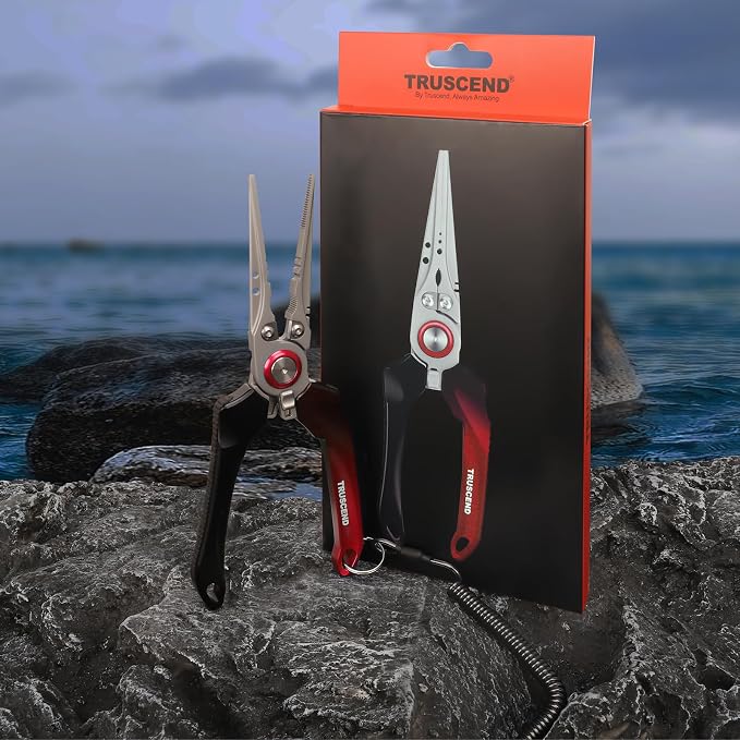 TRUSCEND Easy Use Lockable Fishing Pliers with Tungsten Carbide Cutter, Innovative Ergonomic Handy Handle, Saltwater Corrosion Resistant Teflon Coated Fishing Tool, Light Multi-Function Fishing Gear
