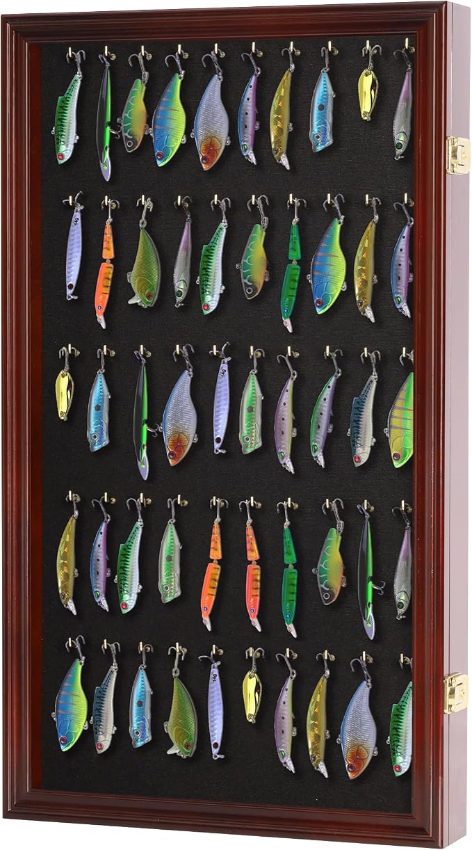 Fishing Lures Keychain Display Case Pocket Watch Wall Cabinet Frame Keyring Golf Bag Tag Luggage Tag Showcase Shadow Box Mahogany Finish