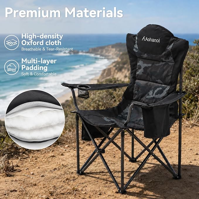 Aohanoi Camping Chairs for Heavy People,Folding Lawn Chairs for Outside Heavy Duty,Outdoor Oversized Chairs for Adult with Cup Holder and Large Cooler Bag,Beach Camp Chairs Supports up to 500lbs