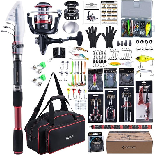 Goture Fishing Rod and Reel Combo, Red Telescopic Fishing Pole with Full Starter Kit & Carrier Bag, Portable 24T Travel Spinning Rod for Bass Trout, Freshwater Beginners Gift