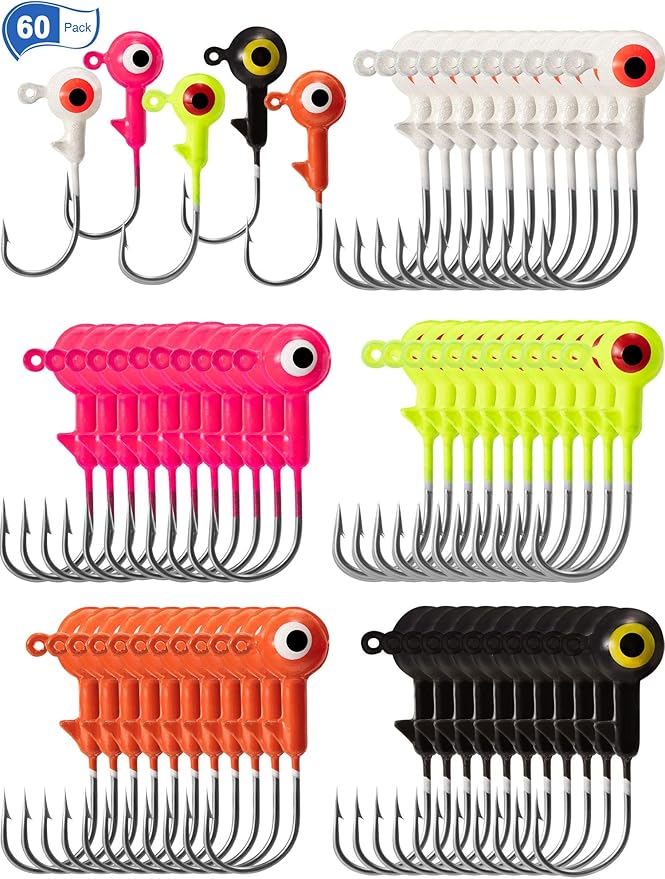 60 Pieces Fishing Lures Jig Heads Ball Head Fishing Hooks Round Ball Head Jigs with Double Eyes for Freshwater or Saltwater