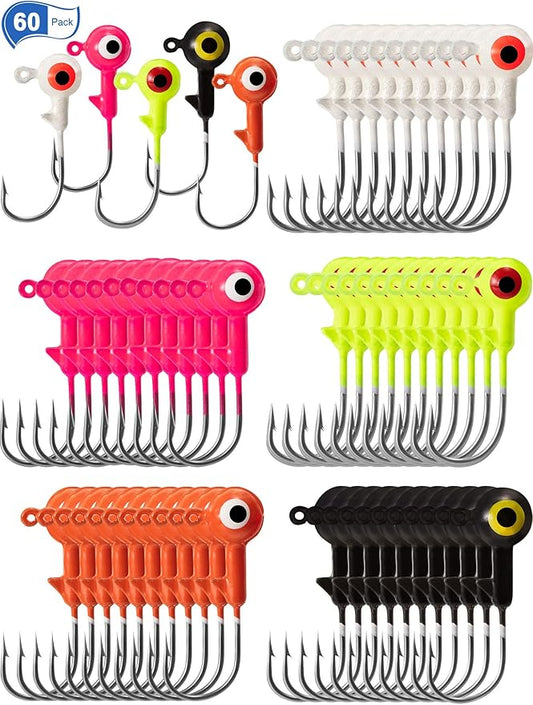 60 Pieces Fishing Lures Jig Heads Ball Head Fishing Hooks Round Ball Head Jigs with Double Eyes for Freshwater or Saltwater
