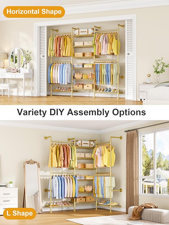 M6 Clothes Rack for Wall Mounted, Heavy Duty Closet Wardrobe System with 8 Shelves and 4 Hanger Rods, 68.5" W x 11.8" D x 86.6" H Clothing Storage Organizer for Holding 1064lbs, Gold