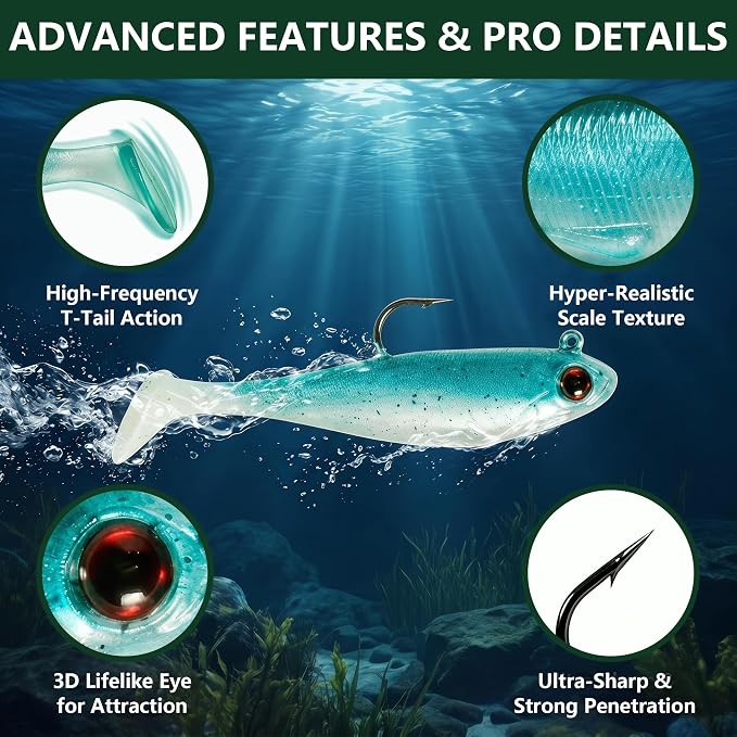 Soft Fishing Lures for Bass Fishing:Pre-Gigged Swim Baits for Saltwater or Freshwater.Soft Plastic Fishing Accessories.
