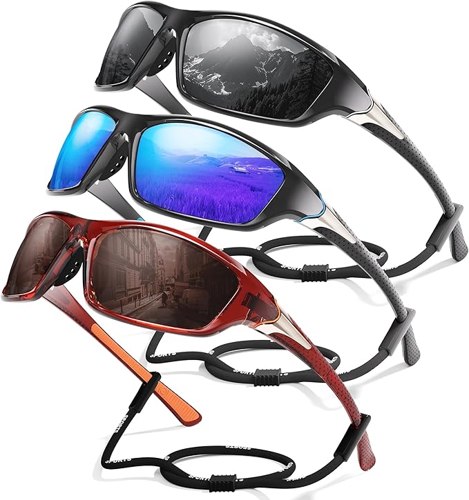 3 Pack Polarized Sports Sunglasses for Men, Mens Sunglasses Wrap Around UV Protection for Cycling Fishing Driving