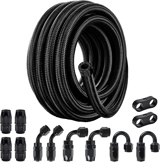EVIL ENERGY 8AN Fuel Line Kit, 8AN Nylon Braided Fuel Line Hose Fitting Kit CPE 25FT Black
